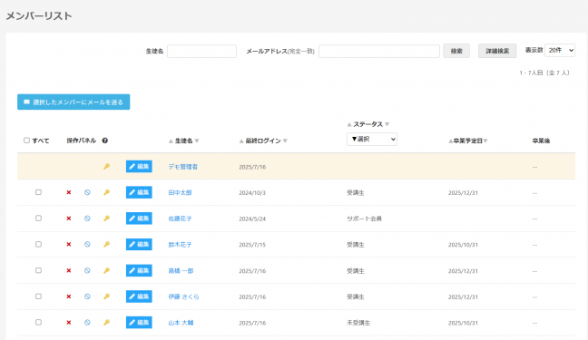 『オンラインスクール構築システム StandOn(スタンドオン) 関連画像』【管理サイト】管理サイトでは生徒の卒業予定日や最終ログイン日を一覧で確認可能
